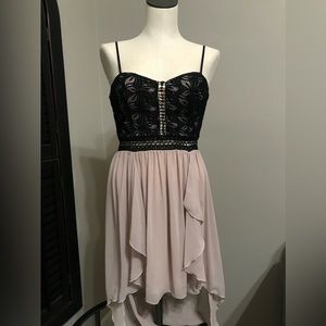Dusty pink and black lace hi-low formal dress